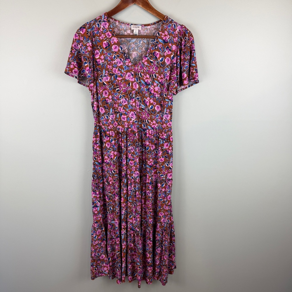 J. Crew Flutter-sleeve tiered midi dress in a multicolor floral pattern size 2